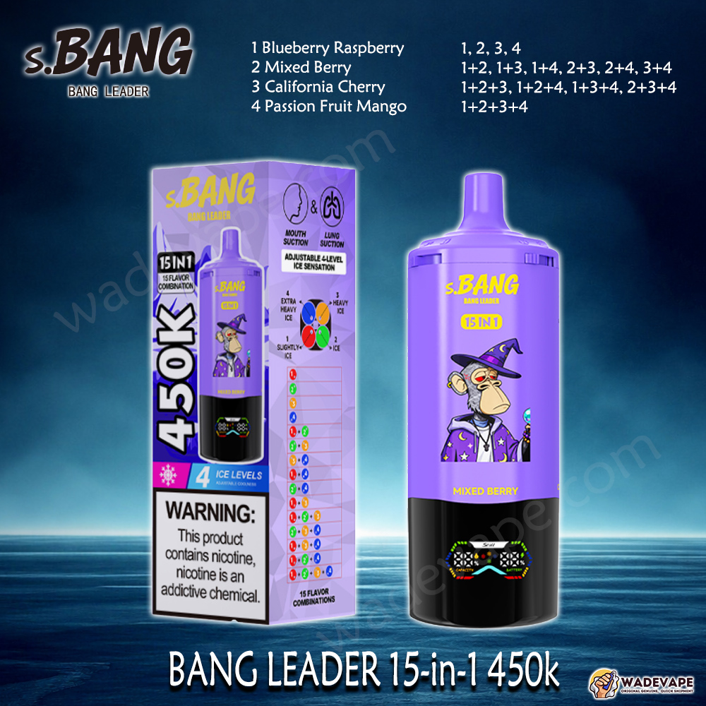 Bang Leader Jednorazowy waporyzator 15 w 1 450 tys. | inteligentny wyświetlacz typu c port | regulowany 4-stopniowy waporyzator lodowy | podwójny tryb waporyzator z zasysaniem ust/płuc
