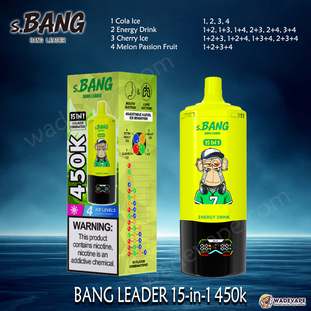 Bang Leader Jednorazowy waporyzator 15 w 1 450 tys. | inteligentny wyświetlacz typu c port | regulowany 4-stopniowy waporyzator lodowy | podwójny tryb waporyzator z zasysaniem ust/płuc