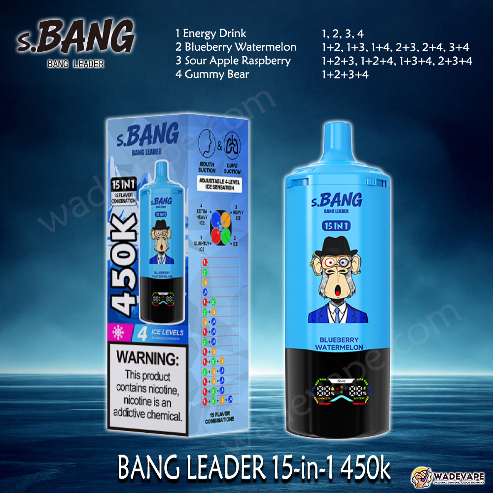Bang Leader Jednorazowy waporyzator 15 w 1 450 tys. | inteligentny wyświetlacz typu c port | regulowany 4-stopniowy waporyzator lodowy | podwójny tryb waporyzator z zasysaniem ust/płuc