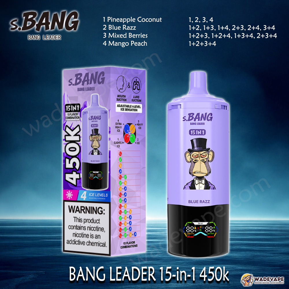 Bang Leader Jednorazowy waporyzator 15 w 1 450 tys. | inteligentny wyświetlacz typu c port | regulowany 4-stopniowy waporyzator lodowy | podwójny tryb waporyzator z zasysaniem ust/płuc