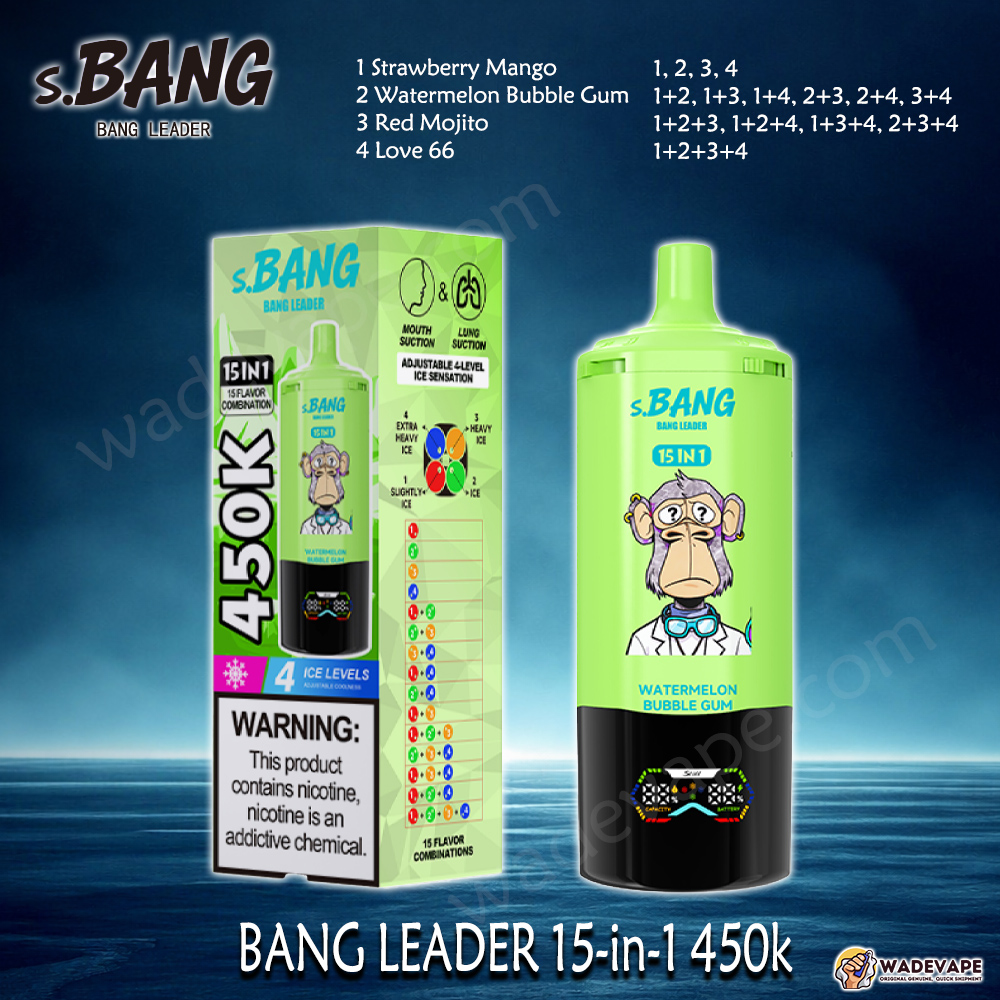 Bang Leader Jednorazowy waporyzator 15 w 1 450 tys. | inteligentny wyświetlacz typu c port | regulowany 4-stopniowy waporyzator lodowy | podwójny tryb waporyzator z zasysaniem ust/płuc