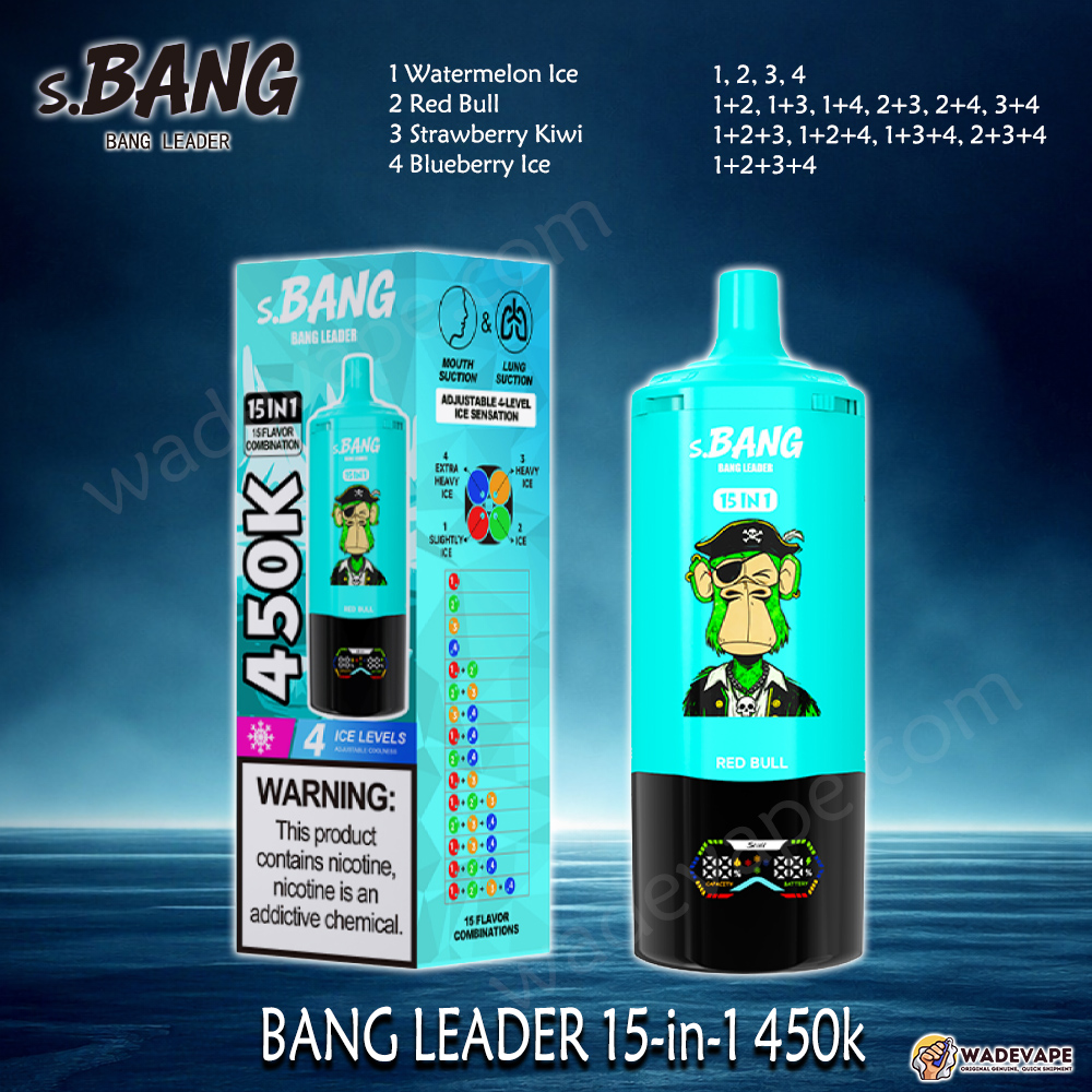 Bang Leader Jednorazowy waporyzator 15 w 1 450 tys. | inteligentny wyświetlacz typu c port | regulowany 4-stopniowy waporyzator lodowy | podwójny tryb waporyzator z zasysaniem ust/płuc