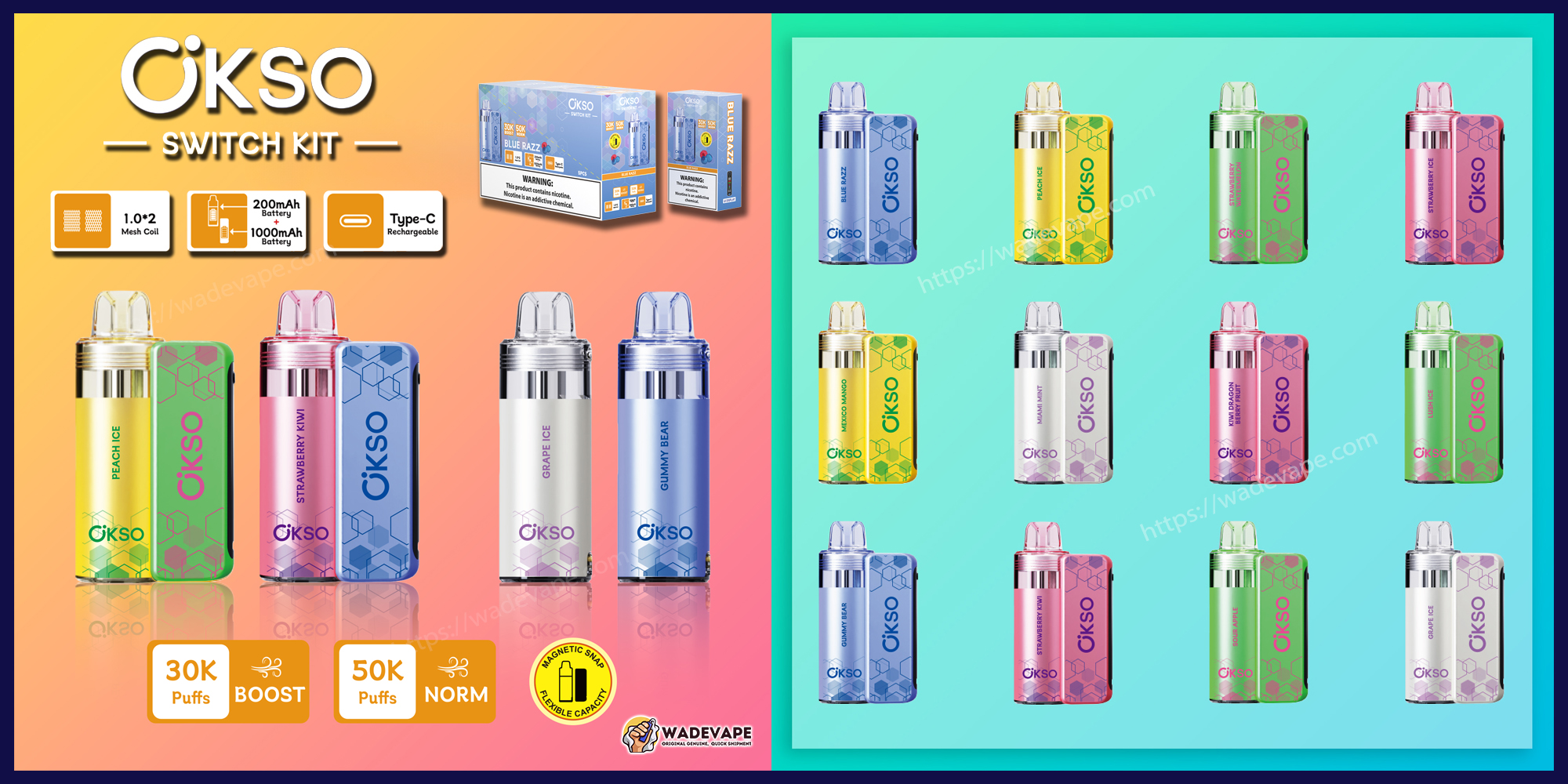 okso switch kit 50000 trekjes wegwerp vape | dual mode dubbele batterij vape | magnetisch snap vervangbaar pod-systeem type c poort