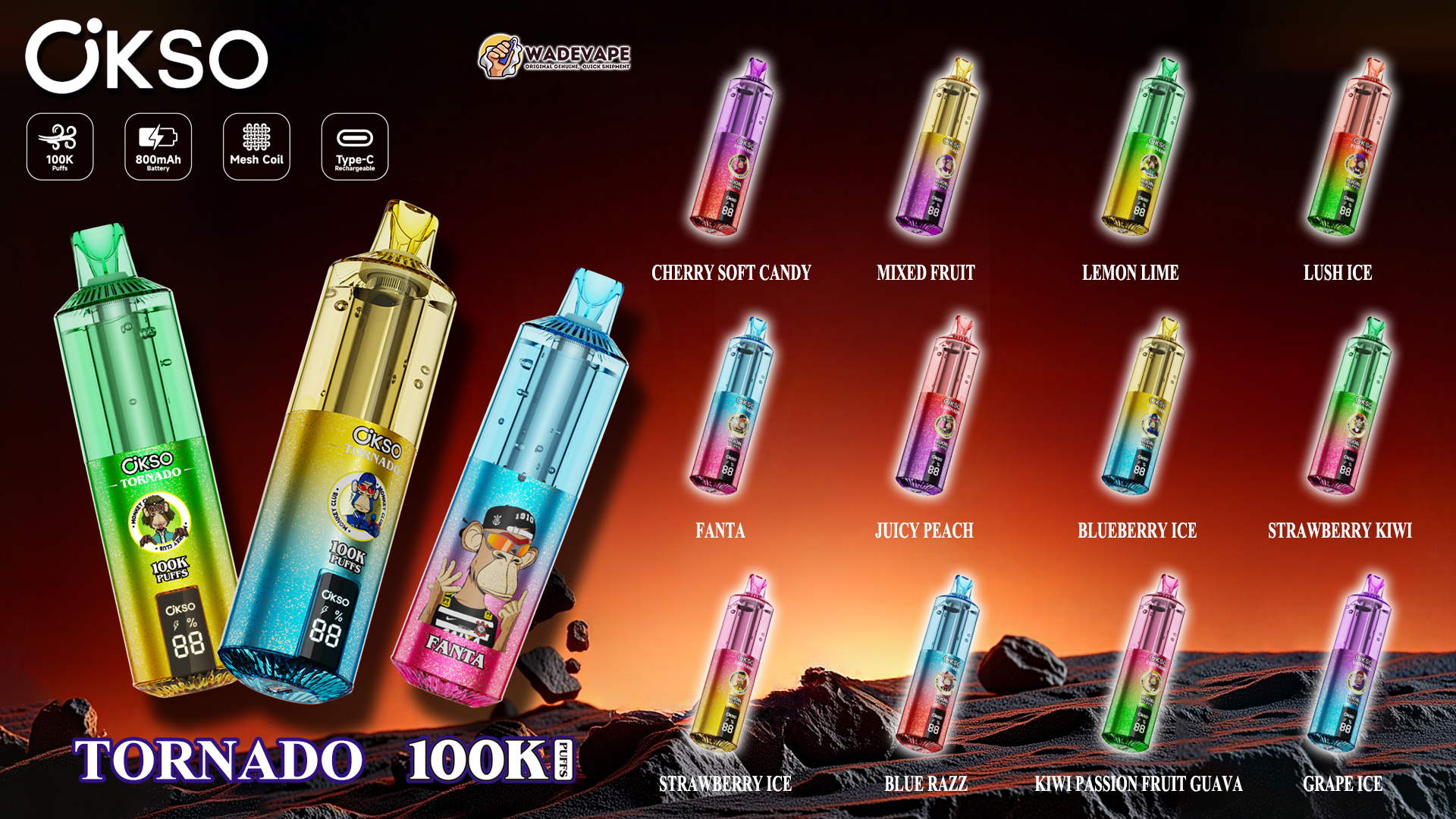 okso tornado 100.000 trekjes wegwerpvape | transparant olietank slim led-display | gaasspoel type c prot