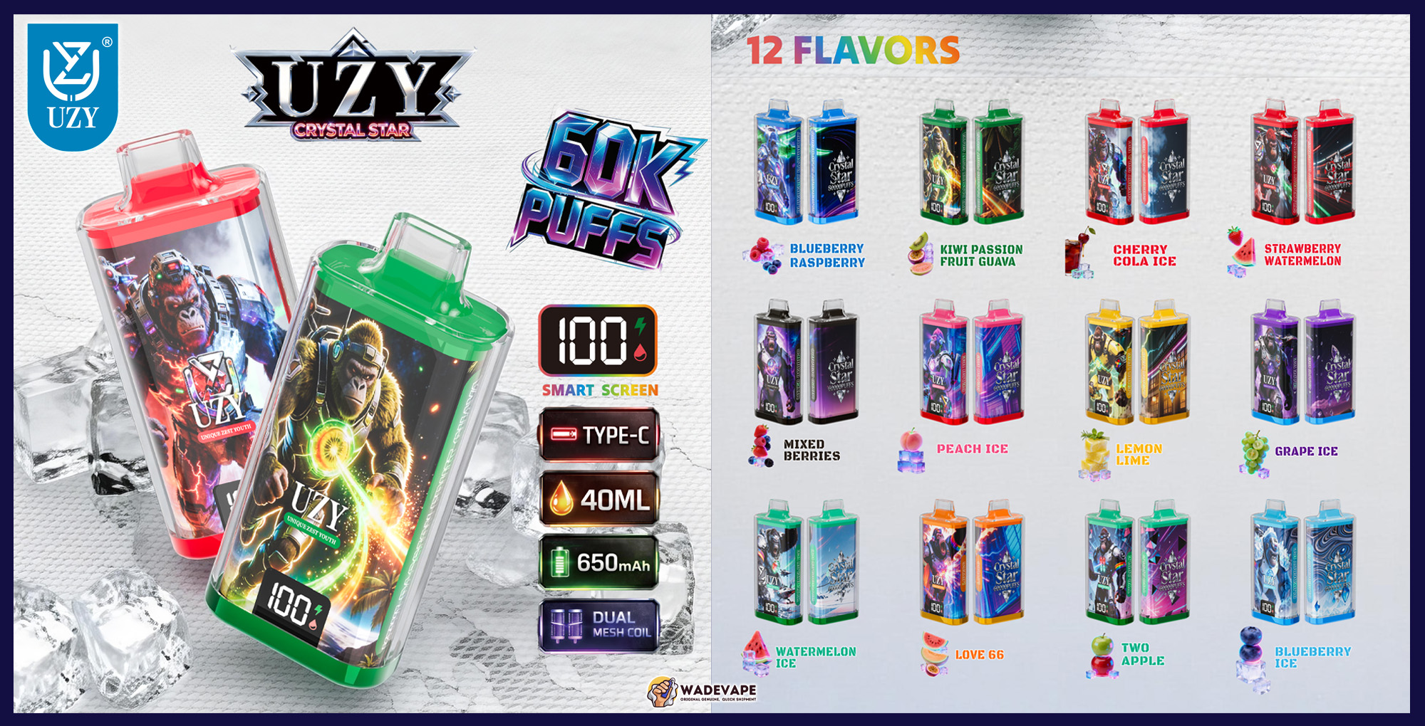 uzy crystal star 60000 zaciągnięć jednorazowy waporyzator | inteligentny pełny ekran | 40ml e płyn | podwójna cewka siatkowa port typu c