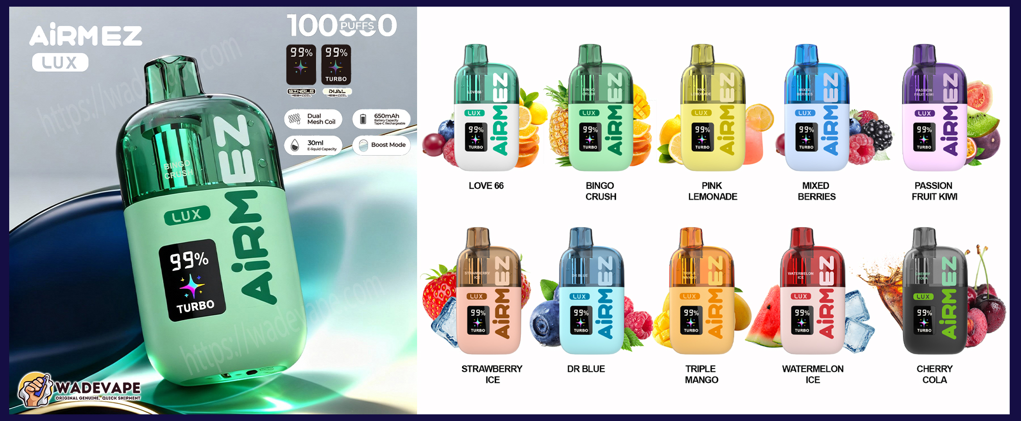 airmez lux 100000 puffs disposable vape | transparent tank dual mesh coil boost mode | 30ml 650mah smart display