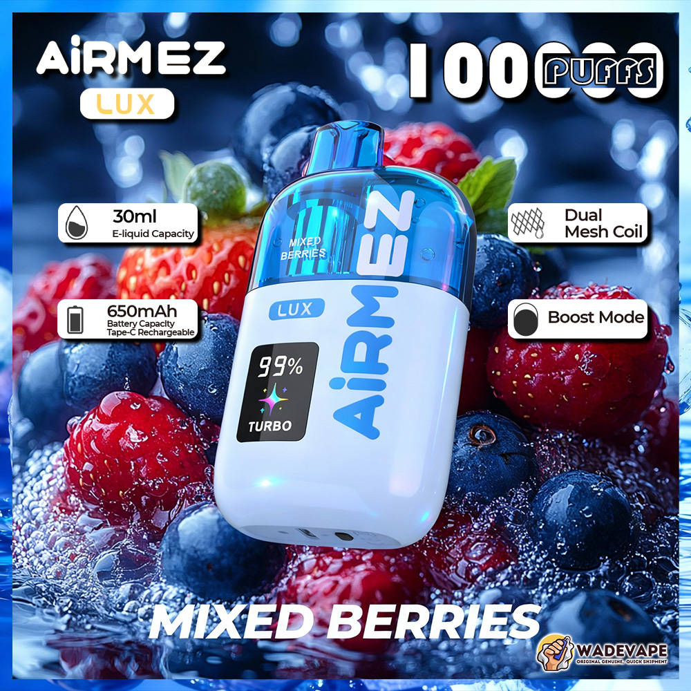 airmez lux 100000 puffs disposable vape | transparent tank dual mesh coil boost mode | 30ml 650mah smart display