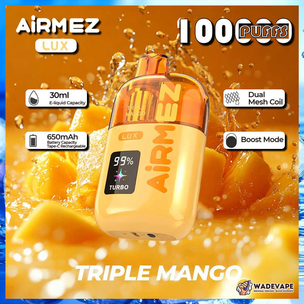 airmez lux 100000 puffs disposable vape | transparent tank dual mesh coil boost mode | 30ml 650mah smart display