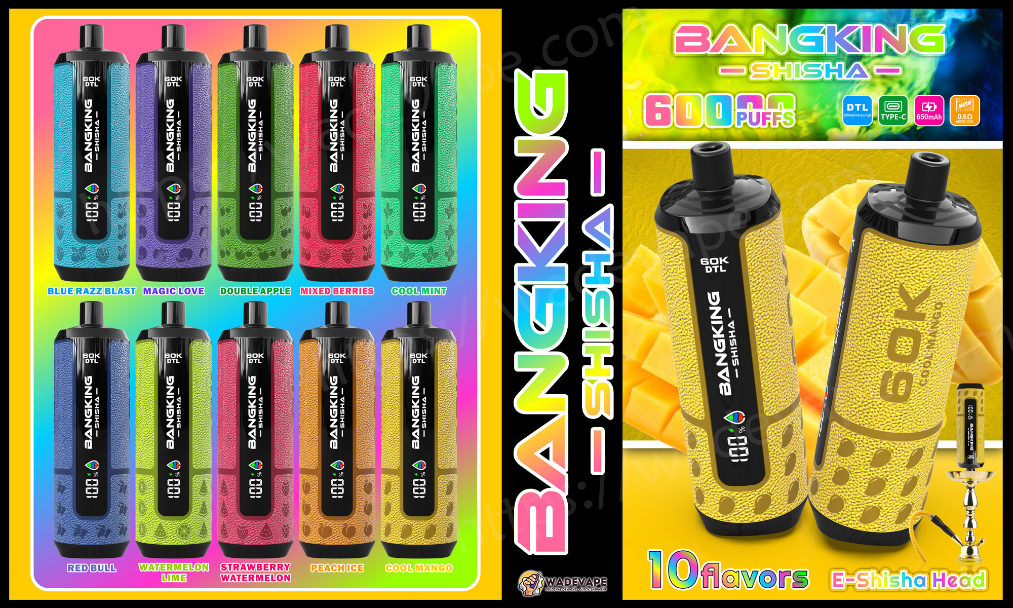bang king shisha 60000 puffs e shisha head vape | 60k dtl direct to lung disposable | 0.6ohm mesh coil 650mah type c