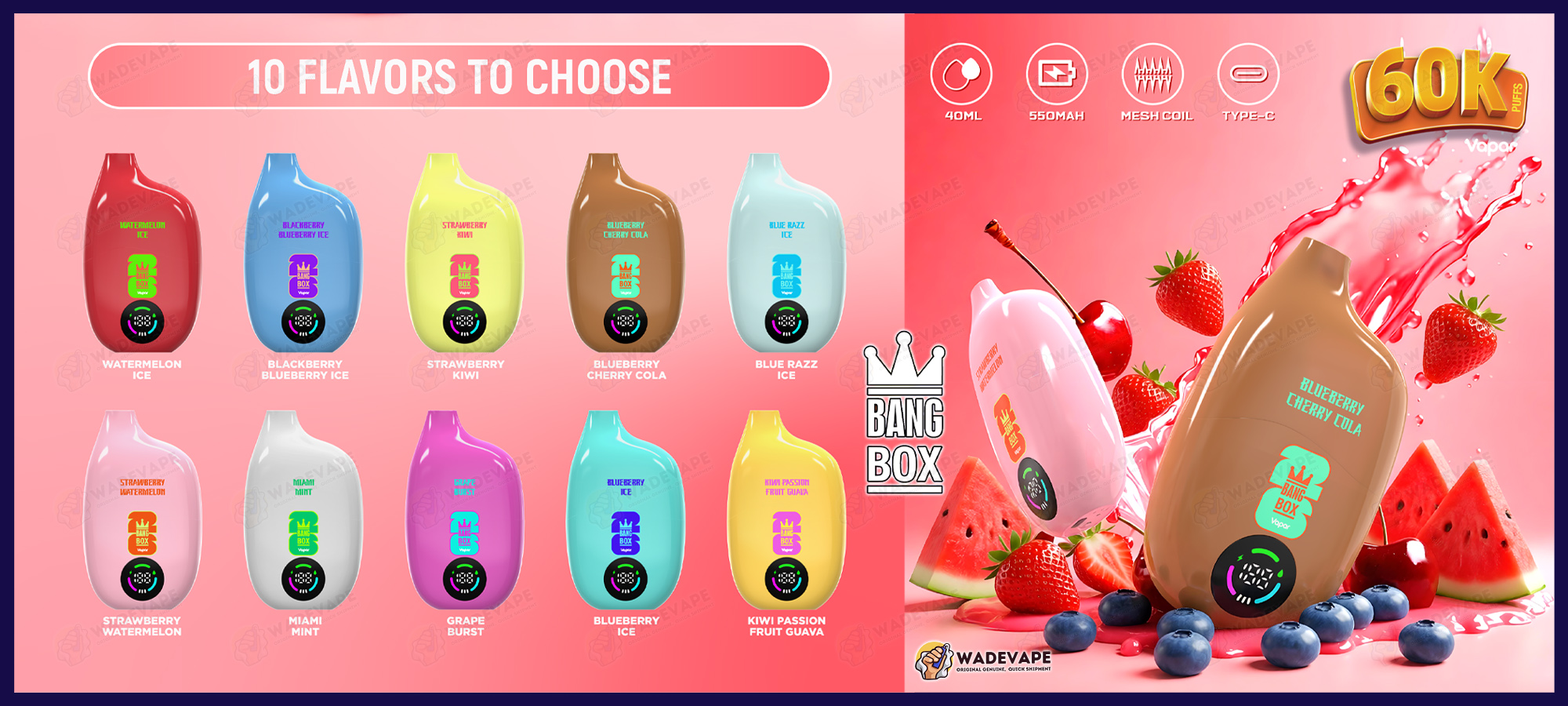 bang box 60000 puffs disposable vape | 60k rechargeable led display 1.0Ω mesh coil | fast shipping