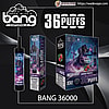 Advertisement showing three views of a Bang disposable vape labelled BANG 36000 and large '36 PUFFS' text, featuring a black cylindrical device and boxed packaging with purple mixed-fruits artwork and branding on a dark stylised background.