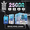 Promotional image for the Bang King 25,000-puff disposable vape showing a blue gorilla-themed device and boxed packaging with icons for Type-C charging, 650 mAh battery, 46 ml e-liquid and 1.0 Ω mesh coil, plus a nicotine warning label.