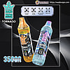 Advertising graphic showing two colourful Bang King Tornado disposable vape devices—one yellow (Peach Ice) and one blue (Blue Razz Ice)—with digital displays and branding, icons across the top for e-liquid display, power display, anti-dry-burn protection and mesh coil, and prominent text noting 35,000 puffs.