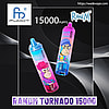 Promotional image showing two colourful RandM Tornado disposable vape devices decorated with cartoon monkey artwork, accompanied by '15000 PUFFS' text and Fumot and RandM logos on a dark abstract background.
