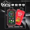 Advertisement showing two glossy red Bang disposable vape devices—one front-facing with a circular digital display, battery and mode icons and a fingerprint touch area, and one angled back featuring a skeleton-on-beach strawberry watermelon graphic and the label BANG 36000 PM with small icons indicating Type-C, 850 mAh, 36 ml and 1.2Ω mesh coil.
