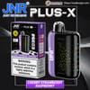 Packaged JNR PLUS‑X vape device and box against a dark background, showing a glossy purple-and-black pod with constellation-style yellow dot pattern and JNR logo, prominent PLUS‑X branding, a purple Cherry Strawberry Raspberry flavour label and a large nicotine warning on the box.
