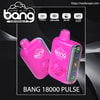 Two bright pink Bang 18000 Pulse disposable vape devices with a side LED display and logo on a dark promotional background showing icons for Type‑C charging, 650 mAh, 26 ml and 1.2 Ω mesh coil and the website wadevape.com