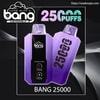 Two purple Bang disposable vape devices against a dark, wavy background, one front-facing with a black display reading "double mesh" and battery icons and the other angled to show large "25 Puffs" text and BANG 25000 branding.