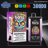 Purple-gradient disposable vape and matching box for 'Bang 30K Pro', both featuring a colourful dripping skull illustration, flavour text (Purple Rain — Strawberry Raspberry — Cherry Ice), feature icons and a prominent nicotine warning panel.