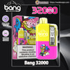 Bright yellow-and-pink Bang disposable vape device alongside its matching box on a dark promotional background, prominently labelled 32000 PUFFS with watermelon bubble gum flavour, colorful cartoon artwork, 850mAh and Type-C charging icons, a digital display on the device and a nicotine warning panel on the box.