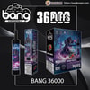 Advertisement showing three views of a Bang disposable vape labelled BANG 36000 and large '36 PUFFS' text, featuring a black cylindrical device and boxed packaging with purple mixed-fruits artwork and branding on a dark stylised background.