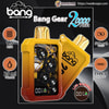 Promotional poster showing a yellow‑gold Bang Gear disposable vape with a transparent front revealing black gears and a small LCD, labelled 'Bang Gear 20000 puffs' and surrounded by icons for 1.0 mesh, 25 ml volume, 500 mAh battery and Type‑C charging, with a WadeVape logo and website address.