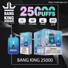 Promotional image for the Bang King 25,000-puff disposable vape showing a blue gorilla-themed device and boxed packaging with icons for Type-C charging, 650 mAh battery, 46 ml e-liquid and 1.0 Ω mesh coil, plus a nicotine warning label.