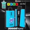 Bright cyan Bang King Coloor 30K Pro disposable vape on a dark background showing two devices — a front view with a blue-purple lion graphic and '30,000 puffs' label and a side view with a black centre panel labelled 'Blueberry Raspberry' — header icons indicate Type‑C charging, 850mAh battery, 36ml e-liquid and 1.0Ω mesh coil, with WadeVape branding.