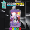 Purple double-crystal disposable vape device pack labelled '20,000 PUFFS' showing a grinning skull in a top hat and sunglasses with 'Grape Ice' flavour and icons for Type‑C charging and 650mAh battery against a dark background.