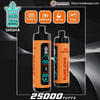 Two orange, leather-textured Bang King Shisha vape devices shown front and back with black mouthpieces and a glowing digital display, surrounded by icons for Type-C charging, 650mAh battery, 30ml e-liquid and 0.6Ω mesh coil, with large '25000 puffs' text at the bottom.