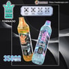 Advertising graphic showing two colourful Bang King Tornado disposable vape devices—one yellow (Peach Ice) and one blue (Blue Razz Ice)—with digital displays and branding, icons across the top for e-liquid display, power display, anti-dry-burn protection and mesh coil, and prominent text noting 35,000 puffs.