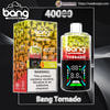 Product shot of a Bang Tornado disposable vape and its gold geometric packaging: the box shows specs (40ml, 850mAh, Type‑C), a nicotine warning and 'Energy Drink' flavour, while the bottle‑shaped vape has a red‑to‑yellow gradient, a digital puff counter advertising 4000 puffs and wadevape.com branding on a dark abstract background