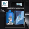 Blue Fumot Digital Box 12000 vape device featuring a cartoon monkey wearing a cap and sunglasses and a small digital display, shown beside its matching blue retail box and brand logos on a dark wavy background