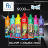 Advertisement showing a row of eight brightly coloured RadNM Tornado 9000 disposable vapes with cartoonish alien and skull artwork, large "9000 puffs" text, Fumot logo and product name on a dark background.
