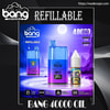 Promotional image showing a blue‑purple refillable Bang disposable vape device and matching blueberry raspberry e‑liquid bottle, with text highlighting REFILLABLE and 40,000 puffs and icons for child lock, dual mesh coil, adjustable airflow and digital display.