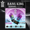 Advertisement-style image showing two purple-to-blue gradient Bang King disposable vape devices with a crown logo, labelled 50,000 puffs and 'Dual Flavor' (Blueberry Raspberry Grape Ice) against an icy mountain backdrop, with icons indicating mesh coil, adjustable airflow and a screen digital display.