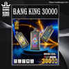 Promotional poster for Bang King disposable vapes showing three black pod devices with colourful neon animal graphics (owl, wolf, dragon) on a glowing blue-and-orange stage, with labels for mesh coil, Type‑C charging, 650 mAh and 300 puffs.