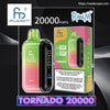 Green-to-pink gradient Fumot Tornado 20000 disposable vape and its box labeled 20,000 puffs and Cherry flavour, showing a black side digital display and branding against a dark background.