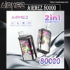 Two glossy rectangular AIRMEZ vape devices with a stylised fox wearing a hat on their panels set against a silver background, accompanied by branding text 'AIRMEZ 80000', '2in1 Double Flavor', feature icons for mesh coil, 15ml×2, 650mAh and Type‑C, and a prominent '80000 puffs' label.