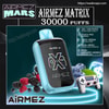 A teal-and-black Airmez Matrix disposable vape device front-centre with a holographic 'X' logo, surrounded by mixed berries and a game controller on a dark promotional poster that reads AIRMEZ MATRIX 30000 PUFFS and shows a feature panel listing 30K/20K puffs, touch pad, lucky room, dual mesh and dual airflow modes.