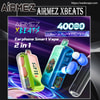Promotional image of AiRMEZ XBEATS Earphone Smart Vape showing two colourful 2-in-1 vape devices with earbud-style pods and an illuminated charging case, branded text '4000 puffs' and feature icons on a dynamic purple background.