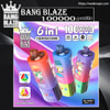 Colourful product packaging for Bang Blaze disposable vapes showing three cylindrical devices with illustrated ape characters, labelled 6‑in‑1 adjustable six flavours and 100000 puffs with icons for Type‑C charging and 850mAh battery.