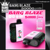 Promotional image of two pink-and-black Bang Blaze disposable vapes labelled '50000 Starry' with a cartoon monkey graphic, shown on a pink background alongside the crown brand logo, product feature icons and a '3 mode options' information panel.