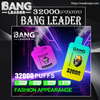 Promotional ad for Bang Leader showing two brightly coloured disposable vapes—a purple square-shaped device and a cyan-to-yellow rounded device, both with illustrated ape logos—set against a neon circuit-like background with bold text '32000 puffs' and icons indicating 28ml×2, Type-C, 650mAh and dual mesh features.