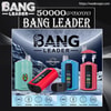 Advertisement for Bang Leader disposable vapes showing red, blue and teal devices in front of a moonlit icy landscape with a '50,000 puffs' headline, a double-flavour icon, device screens and mouthpieces, feature icons (Type‑C, 650 mAh, dual mesh, adjustable) and a website URL.
