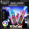 Product poster for Bang Legend disposable vapes showing two colourful 120K devices (blue and pink) with stylised monkey graphics, brand logo and large '120000 puffs'/'120K' text, a 5-in-1 flavour wheel, mesh coil/50ml/Type-C icons and a glowing volcanic rock background.