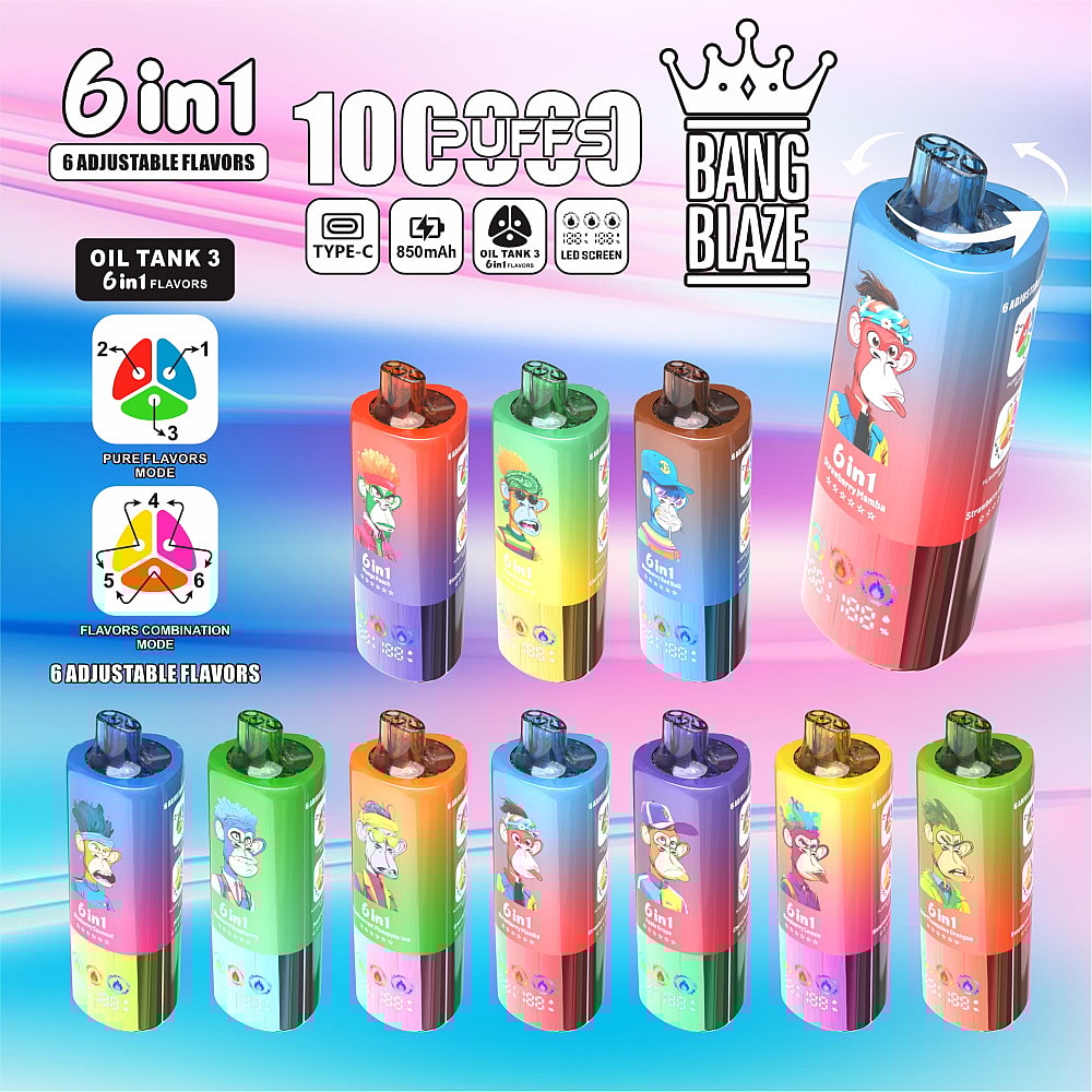 Array of colourful gradient disposable vape devices with cartoon monkey illustrations, labelled '6 in 1' and showing icons for Type‑C, 850mAh, oil tank and LED screen, set on a pink and blue background with large '10 puffs' and 'BANG BLAZE' branding.