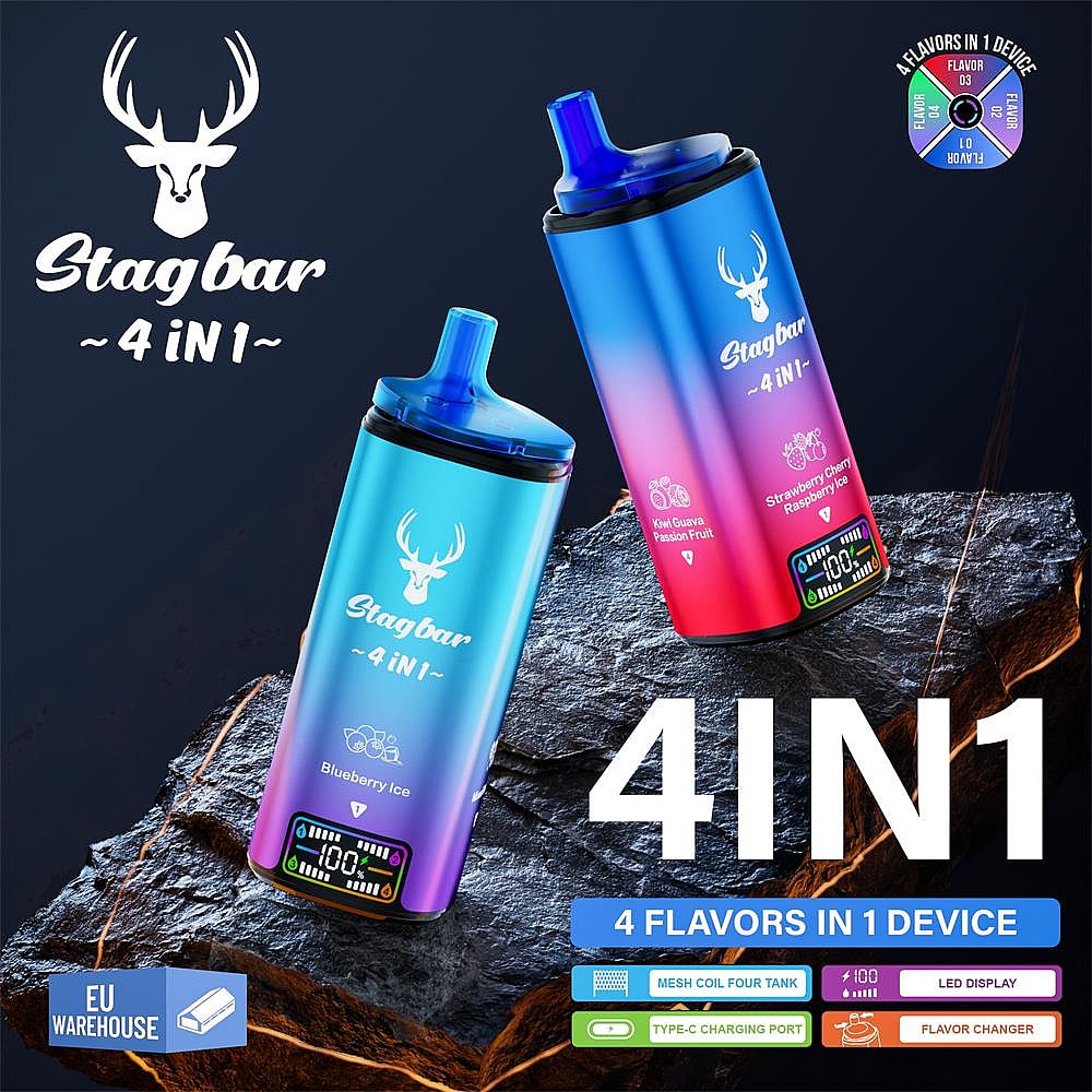 Two colourful blue-to-pink gradient Stagbar 4-in-1 vape devices with stag logo and mouthpieces perched on a rocky surface, large '4IN1' and '4 flavours in 1 device' text, flavour labels and small icons indicating mesh coil, LED display, USB-C charging and flavour changer.
