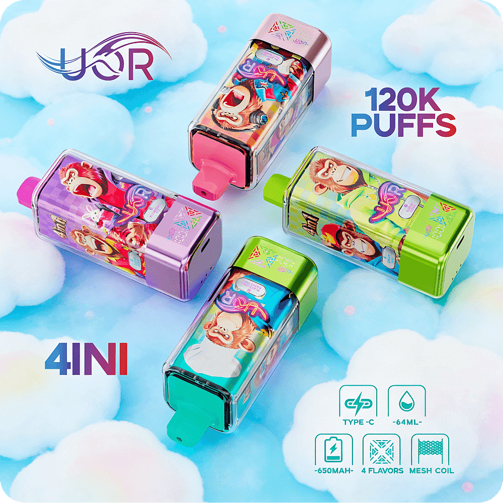 Four brightly coloured rectangular disposable vape devices with cartoon monkey artwork arranged on a fluffy cloud background, with prominent text '120K PUFFS' and '4IN1' and small icons indicating Type‑C charging, 64 ml, 650 mAh, 4 flavours and mesh coil.