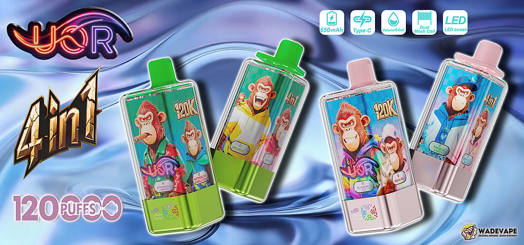 Four colourful metallic disposable vape devices with cartoon ape illustrations on their packaging, prominent UOR neon logo, '4in1' and '120k puffs' text, feature icons for 650mAh, Type‑C, 64ml, dual mesh coil and LED screen, arranged over a silky blue background.